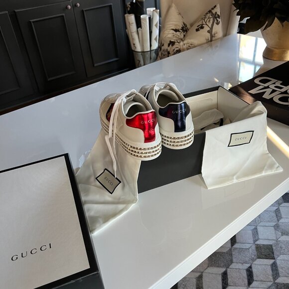 Gucci White Leather Crystal Studded Ace Lace Up Sneakers Size 38 - Picture 8 of 11